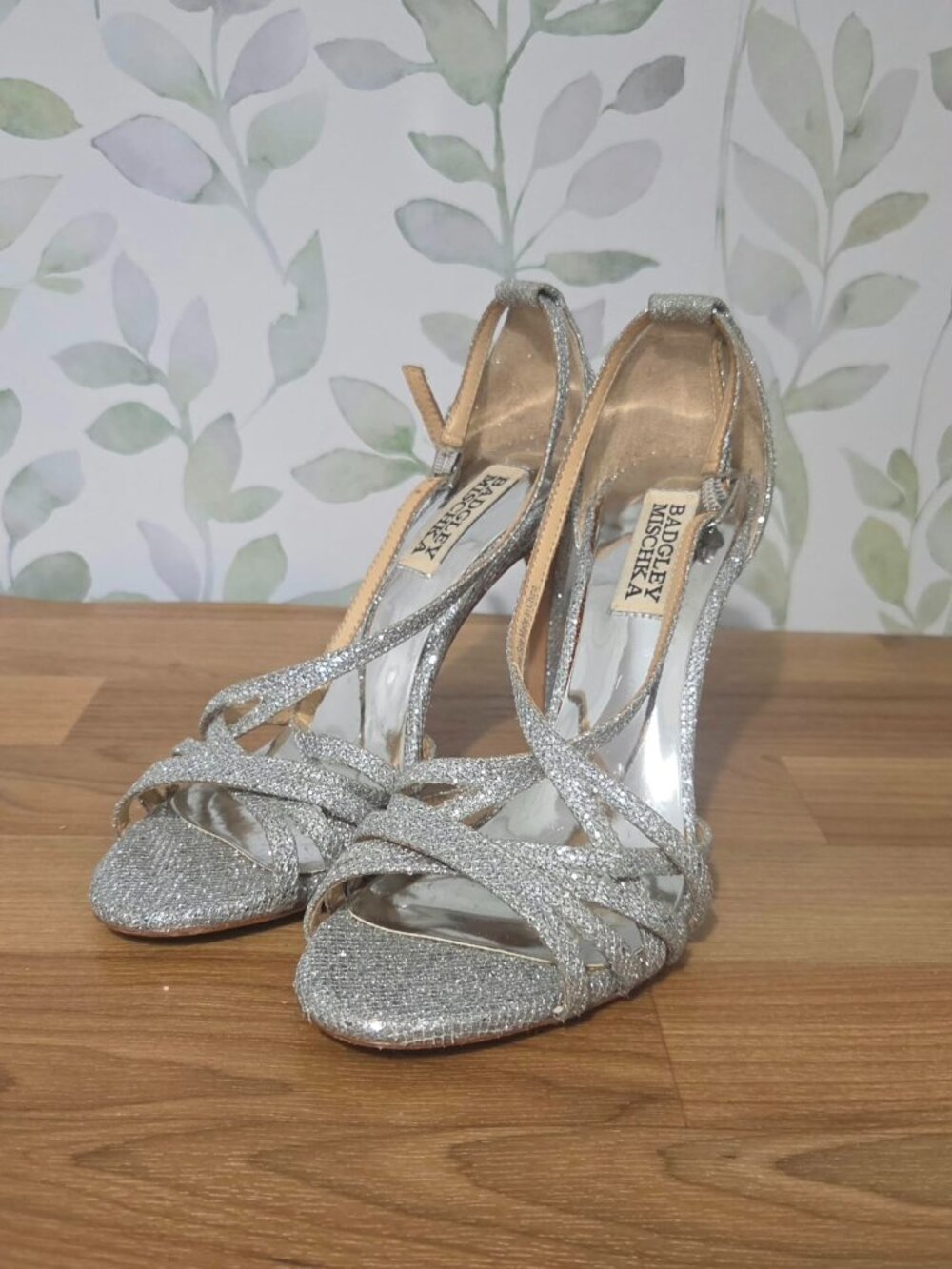 Badgley Mischka Silver Glitter Strappy Stiletto Sandals - Size 6.5
